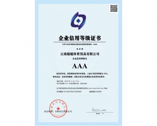 AAA企業(yè)信用等級(jí)證書
